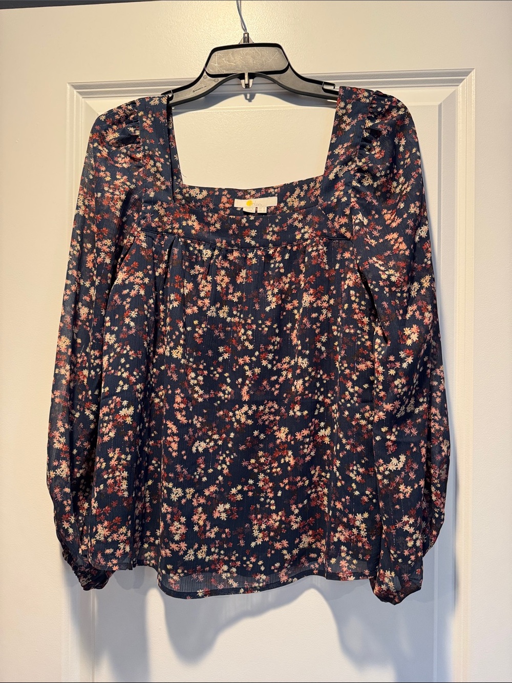 Boden Navy Floral Square-Neck Long-Sleeve Blouse